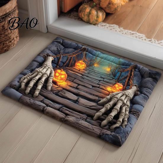 Funny Prank Door Mat 3D Halloween Rug, Optical Illusion Skeleton Realistic Depth Pattern, Jack-o'-lantern Floor Decor Spooky Pumpkin Non-slip