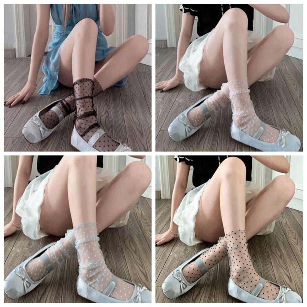 Thin Version Breathable Polka Dot Mesh Socks Transparent JK Mid Tube Socks Summer Sweet Stacked Stockings Student