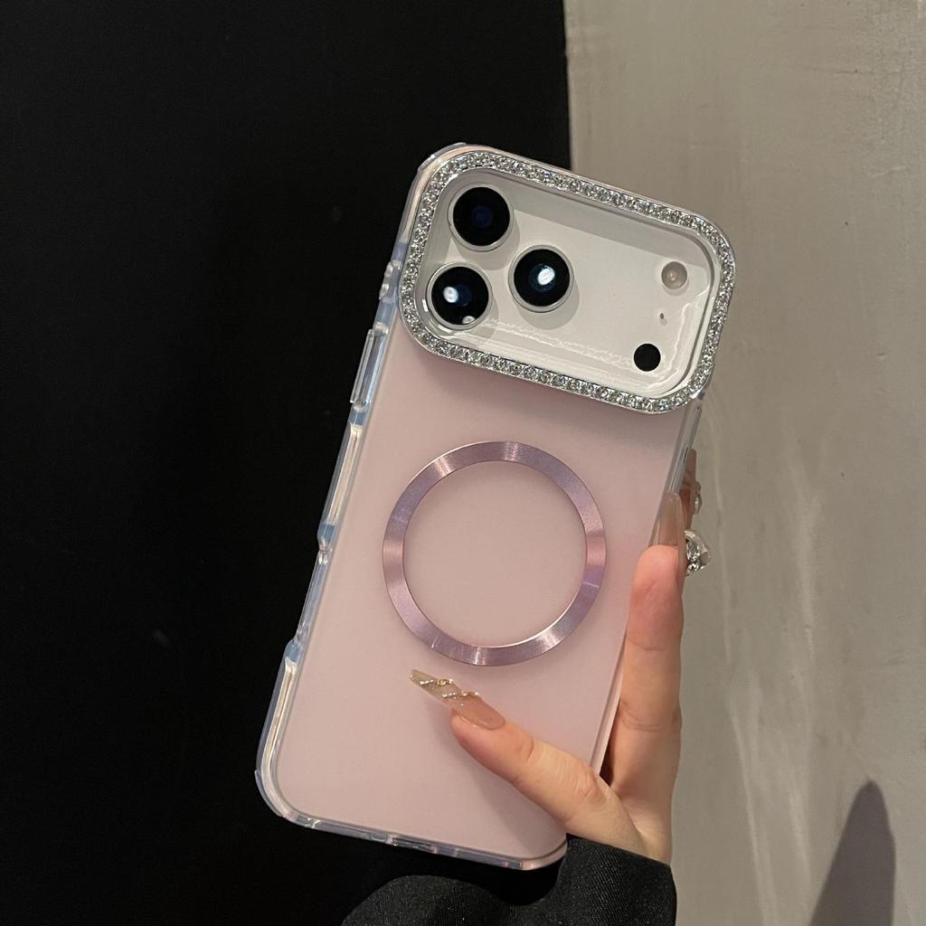 Frosted Magnetic iPhone Case with Rounded Edges and Diamond Inlay for Apple Pro Max Series