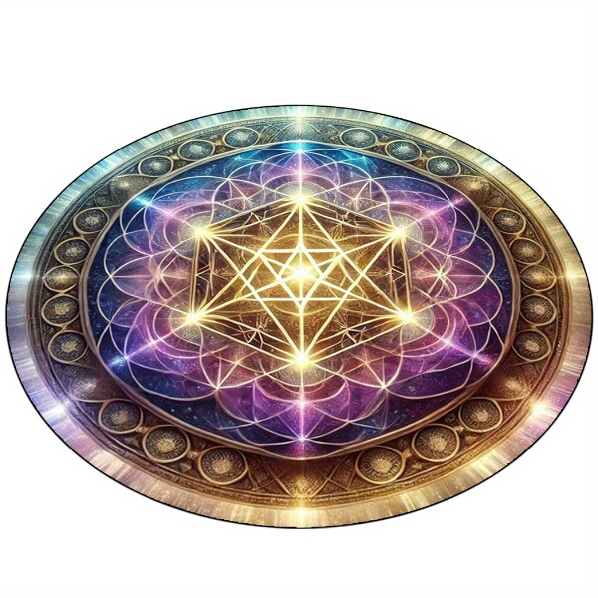 1pc Sacred Geometry Light Art Printed Round Area Mat-Vibrant Purple&Golden Design,Durable Polyester,Hand Wash Only,Perfect for Outdoor Court 80cm
