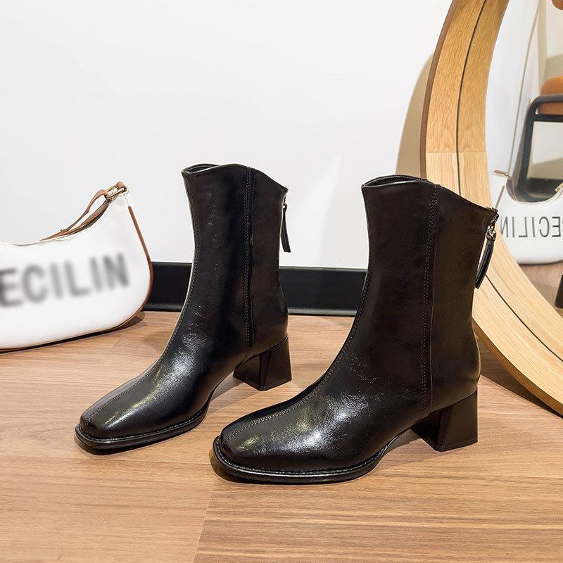 Thick Heel Short Boots Women's Spring and Autumn Single Boots 2025 New Oblique Medium Tube Women's Boots French Small Short Boots Square Head Thi