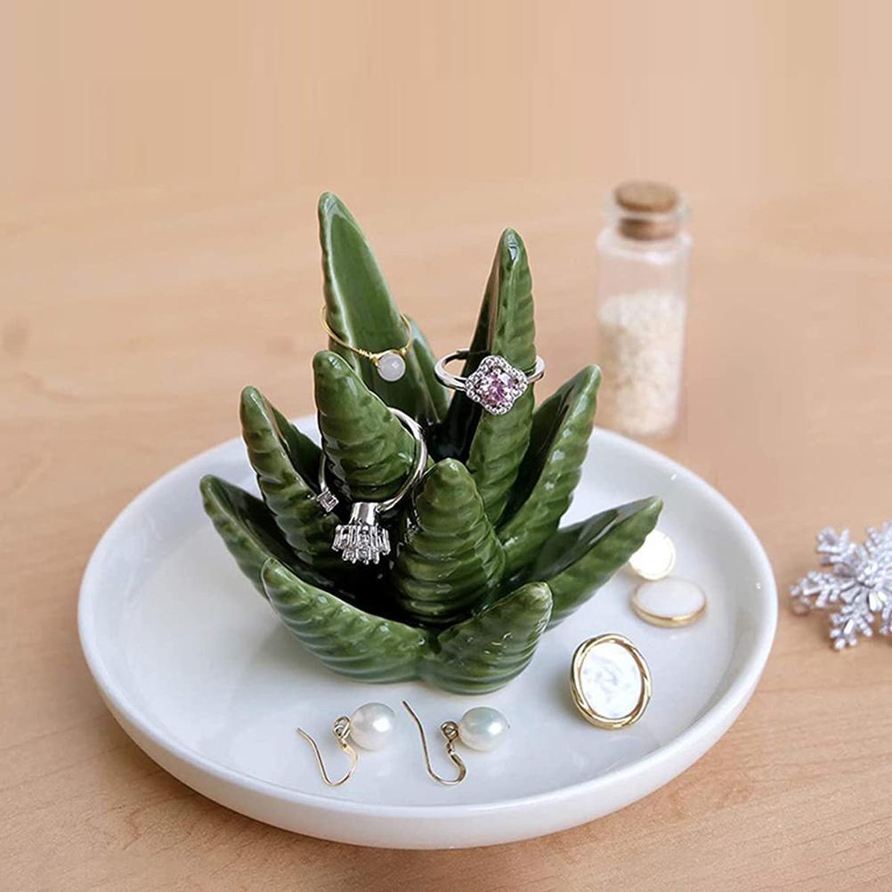 Ceramic Ring Holder Aloe Ring Dish Jewelry Holder Rings Bracelets Earrings Green Succulent Trinket