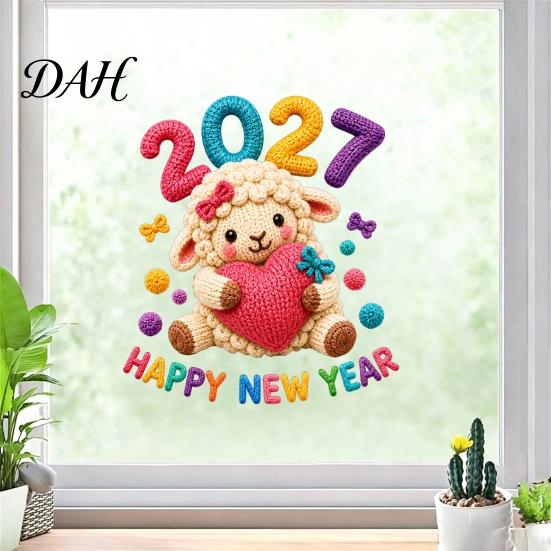 New Year of Sheep Decorations Chinese Window Stickers, 2027 Goat Static Clings, Cute Easy Installation Stickers Crochet Knit Decals, Reusable