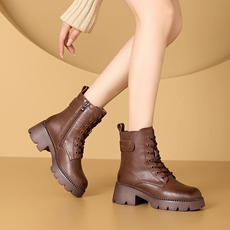 Thick-soled Martin Boots Women's New Autumn and Winter Boots Leather High-heeled Velvet Short Boots