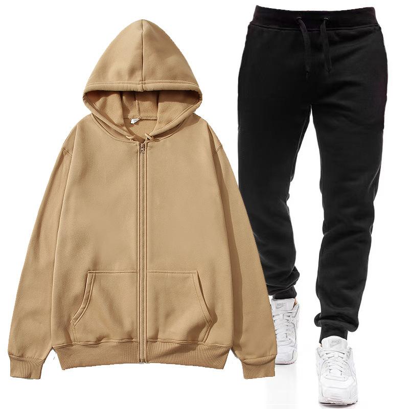 Dwuczęściowy zestaw z kapturem Bluza z kapturem w jednolitym kolorze, rozpinana, z kapturem + czarne spodnie, damska bluza z kapturem, jesienna męska bluza z kapturem + spodnie