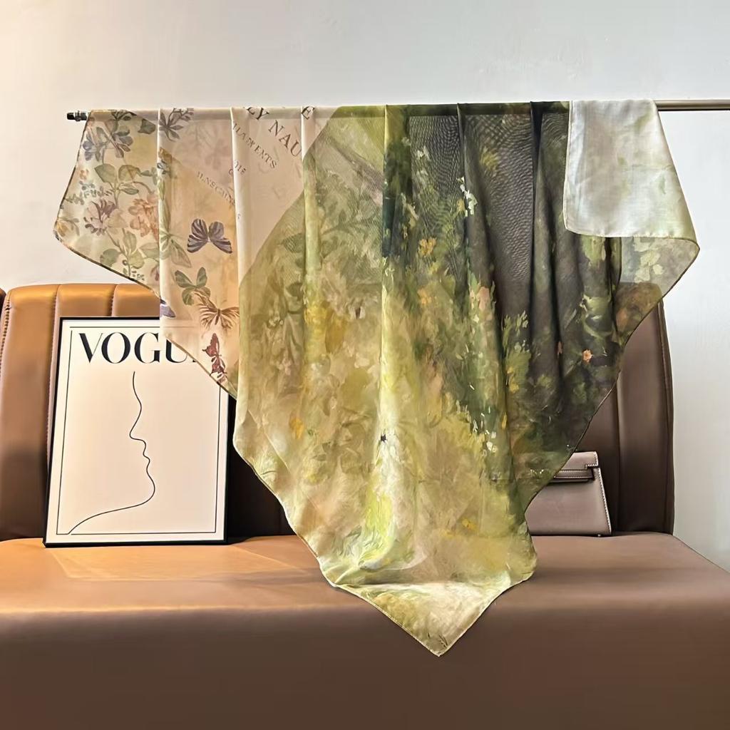Tencel Cotton Blended 110 * 110 Silk Scarf Chinese Square Scarf Versatile Scarf Neck Protection Scarf Spring Flower Series