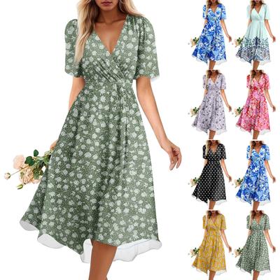 Damen Sommer Locker V-Ausschnitt Kurzarmkleid, Elegantes Kleid