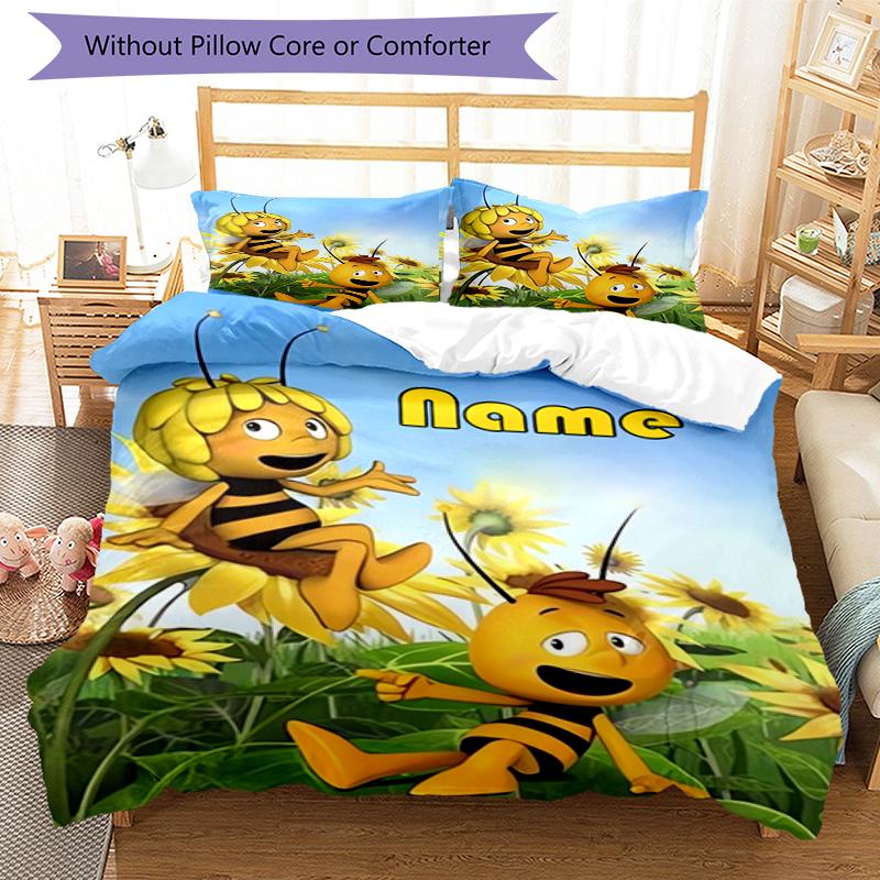 3pcs Custom Name Maya the Bee Bedding Set Duvet Cover Closure Includes 1 Duvet Cover & 2 Pillowcases, Soft and Comfortable for All Seasons.