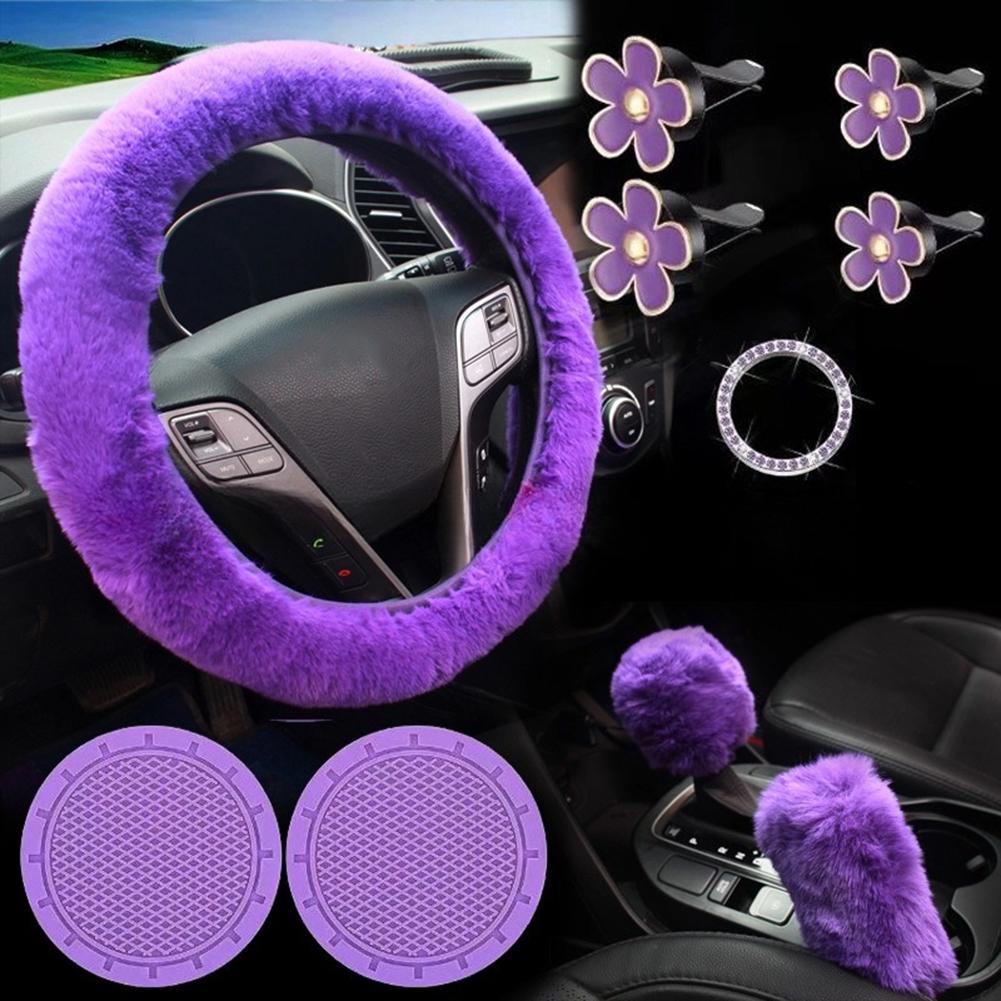 10Pcs Car Steering Wheel Cover Cute Winter Plush Car Handle Set For Women With Cup Holders Decorations Automobile Interior Parts