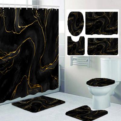 1/4 Marble Veining Shower Curtains, Toilet Seat Decoration, Shower Curtain With Carpet And Toilet Lid, 70.8X70.8 Inch