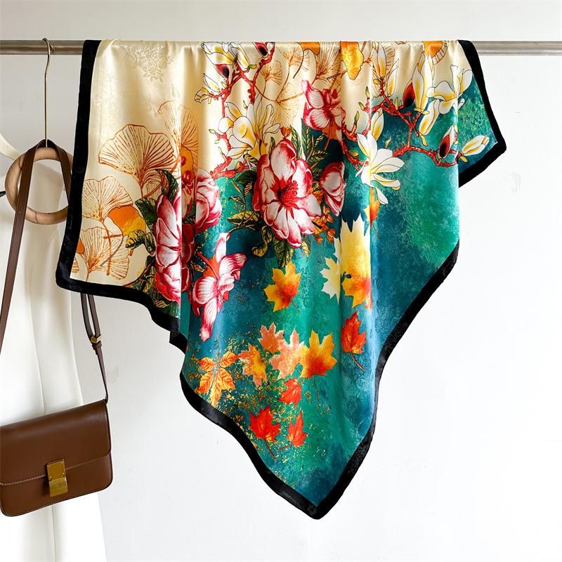 Ginkgo biloba silk scarf flower gradual change color matching scarf women's new square scarf 91cm twill silk jacquard shawl