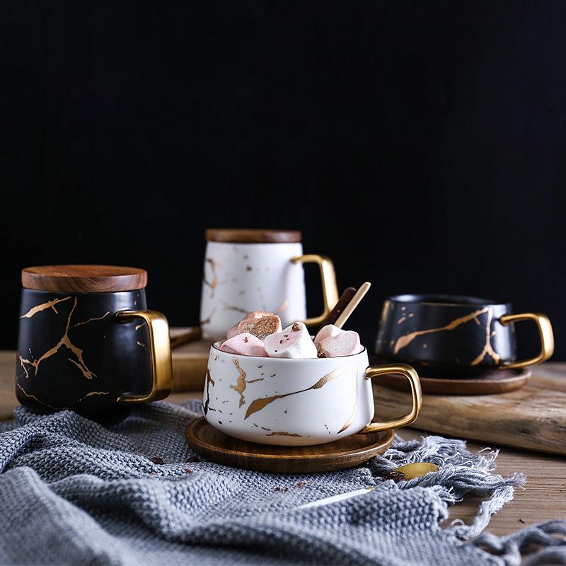 Japanese Ceramic Tea Cup: Matte Gold Marble & Black Pattern with Wooden Saucer
