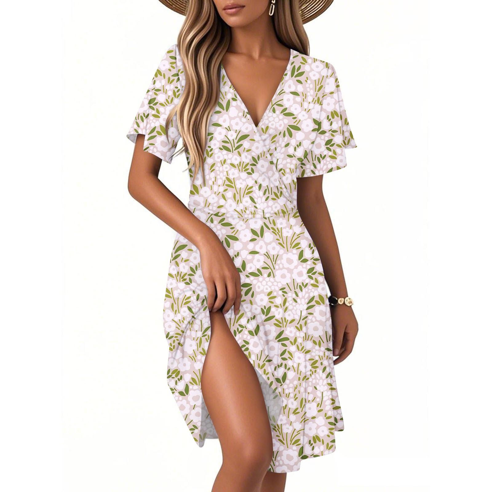 

Женское повседневное модное платье с винтажным цветочным принтом и коротким рукавом и V-образным вырезом M бежевый