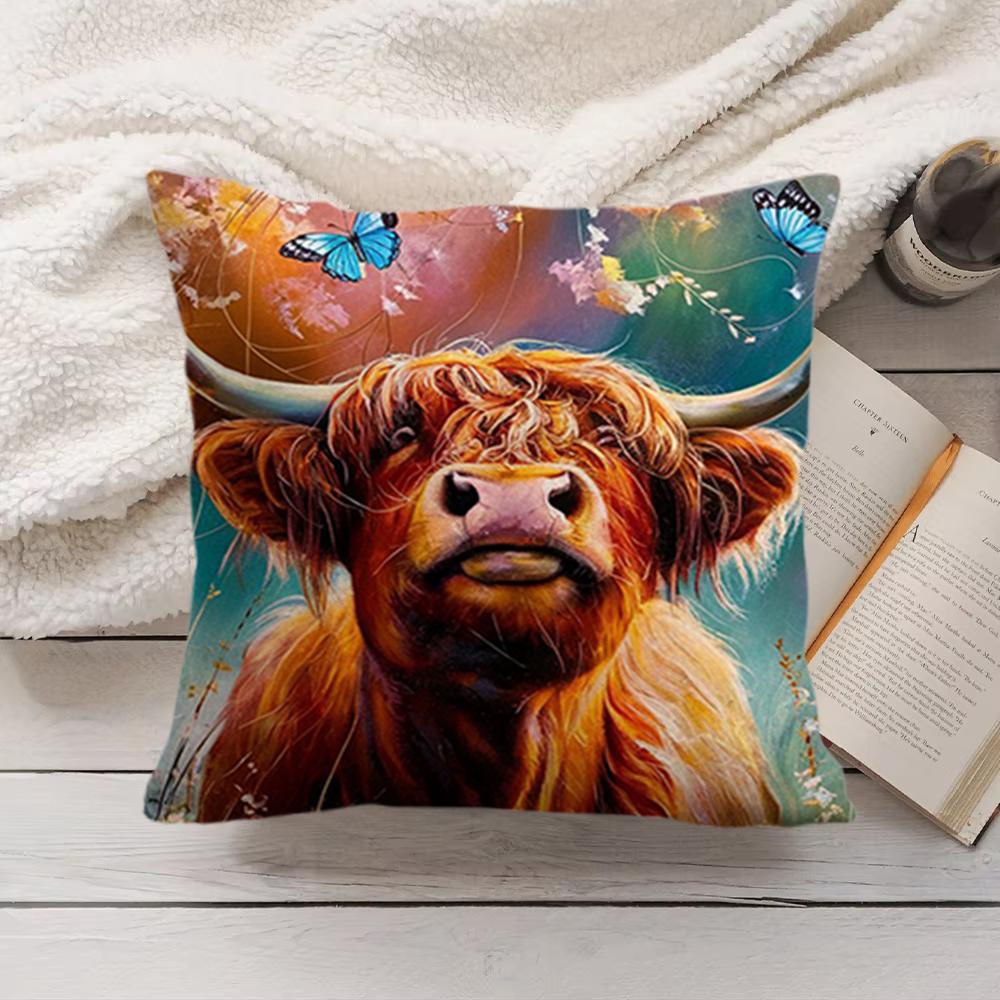 Cute Highland Cow Cushion Cover Short Plush DoubleSided Printing Home Machine Washable in Warm Winter Pillow Cover