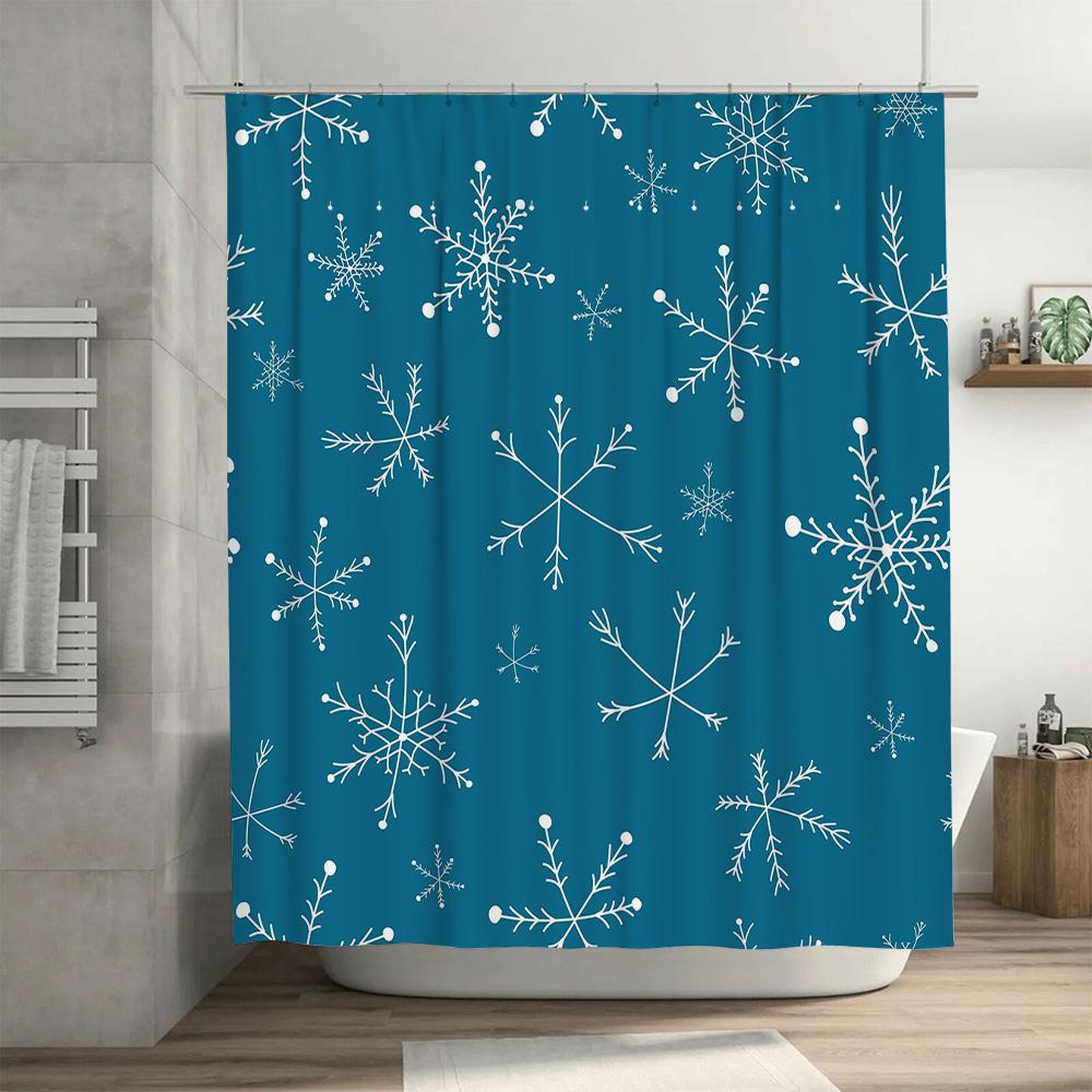 Christmas Snowflake Shower Curtainwaterproof Fabric Decoration For Bathroom White Blue Floral Design (180X234Cm)
