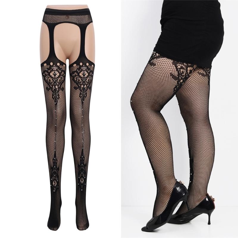 Womens Flower Jacquard Fishnet Suspender Tights Sparkly Rhinestones Mesh Thigh High Stockings Garters Pantyhose Lingerie