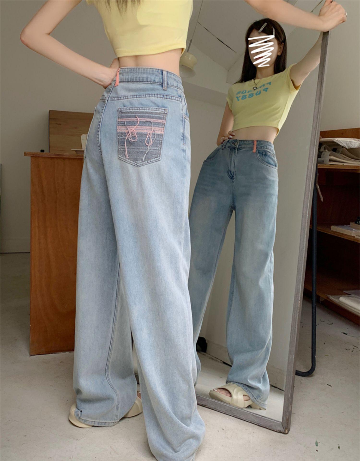 Women s Retro Light Blue High Waist Distressed Wide Leg Jeans - Spring/Summer Slimming Floor Length Pants L