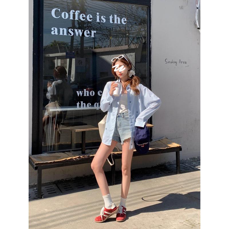 2026 Women's Blue & White Striped Bow Embroidery Long Sleeve Shirt - Unique Mid-Length Stylish Early Autumn Top