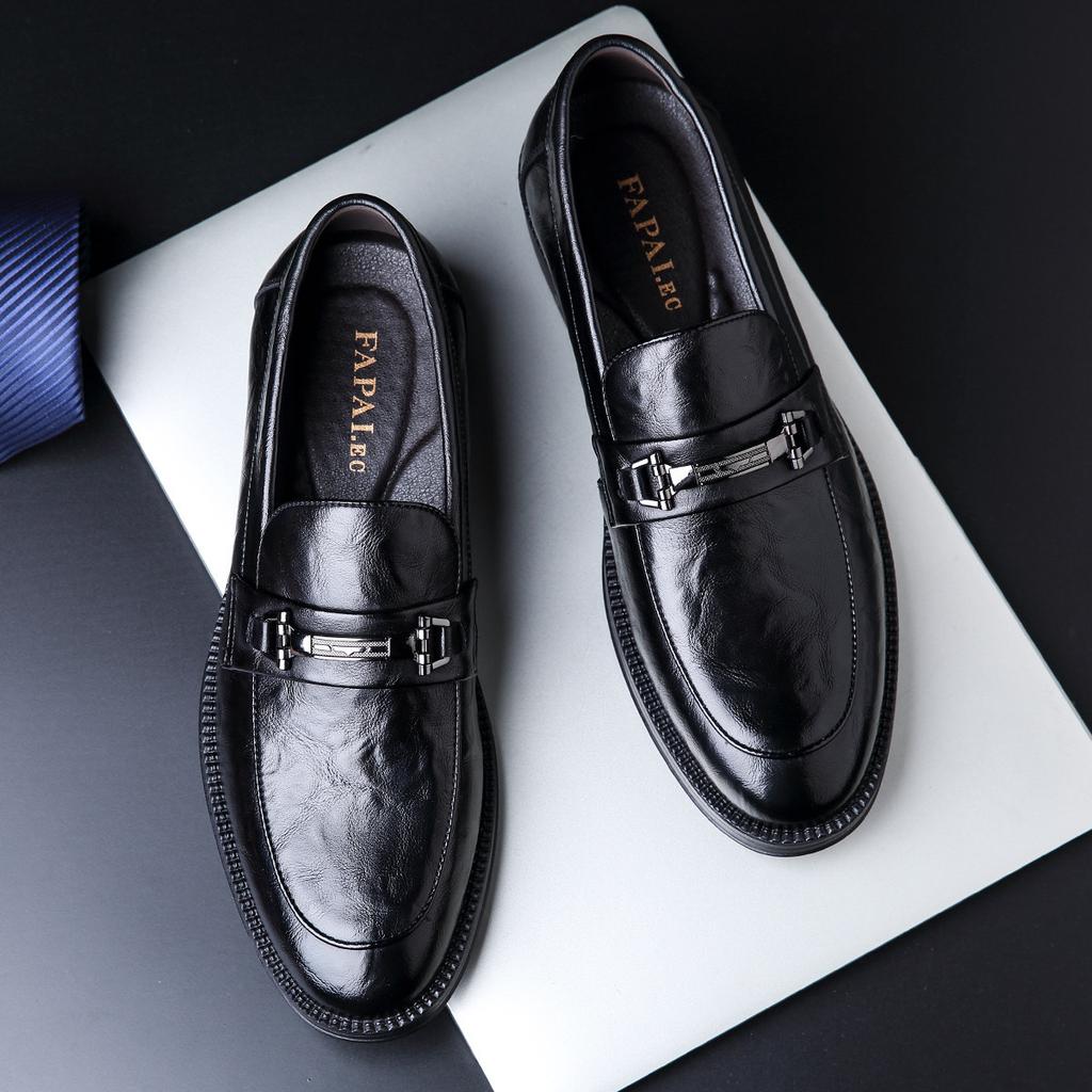 2025 Leather Shoes Men's Dress Business One Pedal Loafers Lazy Feet British Casual Leather Shoes Black Wedding