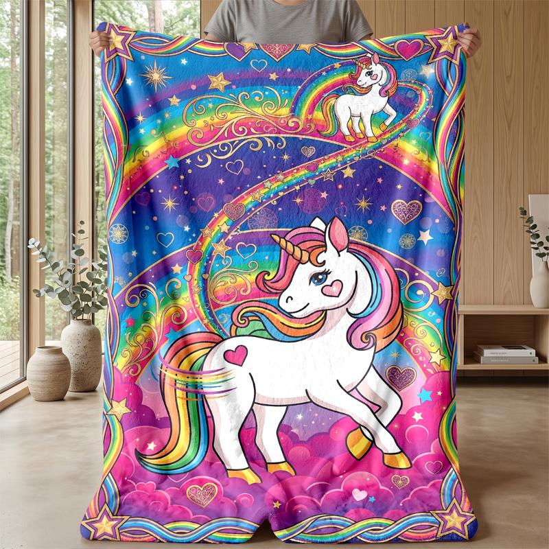 Colorful Unicorn and Rainbow Blanket Personalized Name Flannel Blanket Soft Cozy Plush Throw for Sofa Bed Lightweight Home Decor