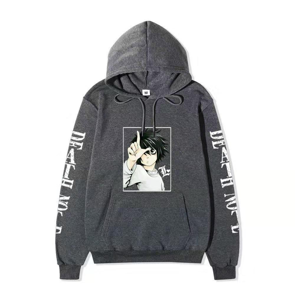 Men Women Fleece Hoodie Death Note L Portrait Two Sleeve Vertical White Text Anime Casual Hooded Sweatshirt