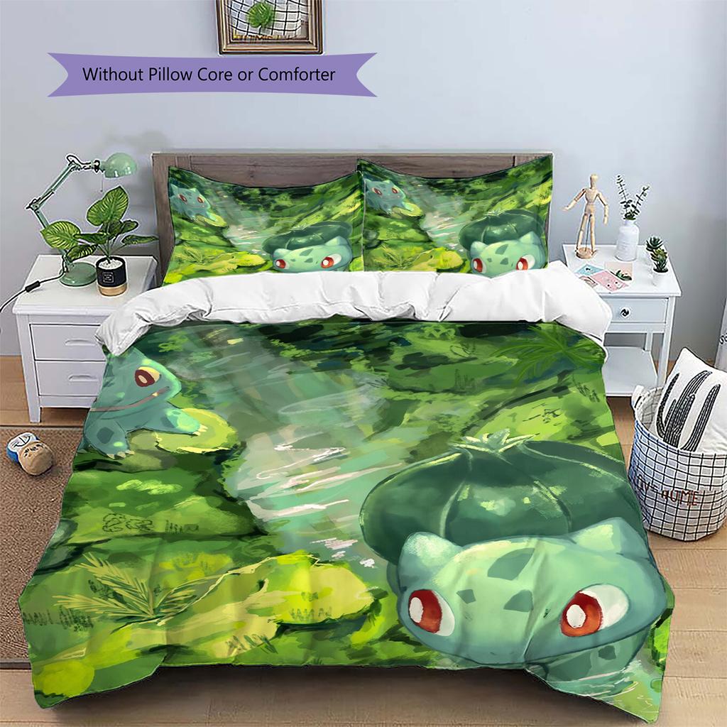 Pokémon Bulbasaur Vzor Povlečení Domácí Dekorace Narozeninový Dárek (1 * povlak na peřinu + 2 * povlak na polštář, bez jádra)