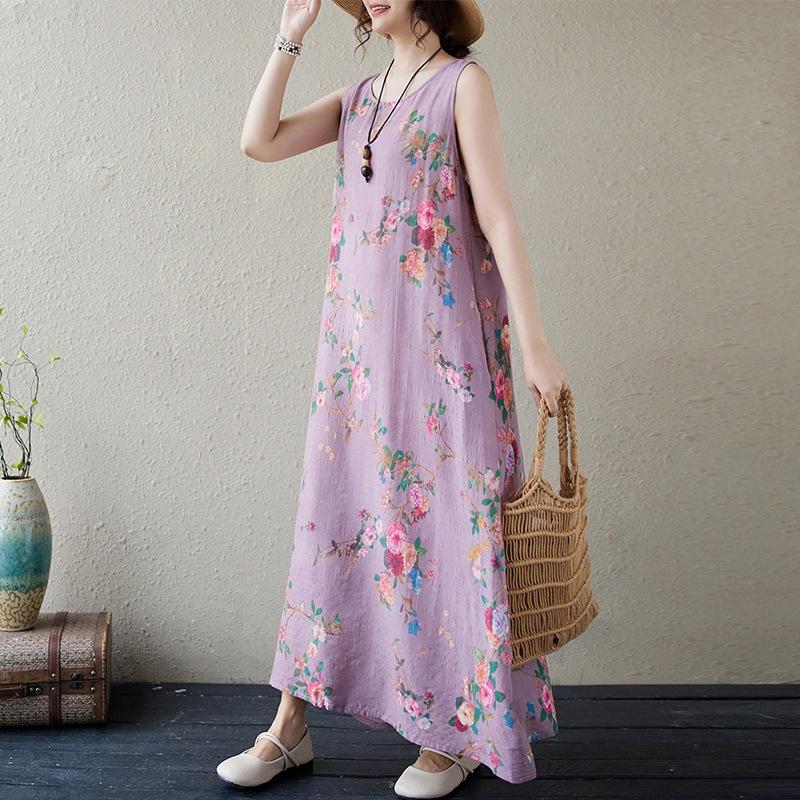Real summer new cotton and linen printing retro literary and artistic fattening enlarged sleeveless vest medium and long dress women