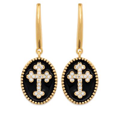 [Q8419] - Gold Plated 'Cross' Black Gold Earrings - 14x11 Mm