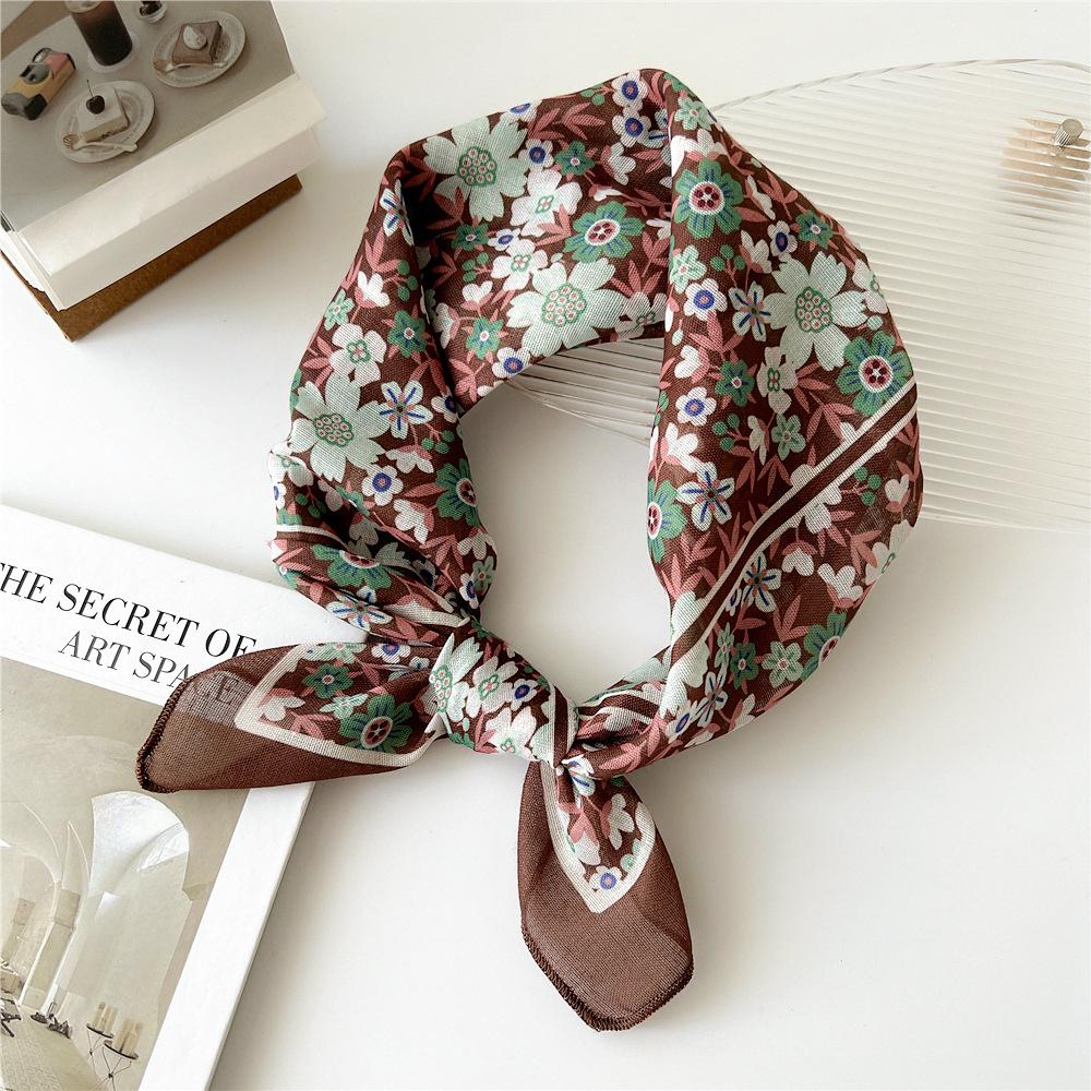 55cm Girls Cotton Linen Spring Square Scarf for Women Chic Headband Fashion Decorative Hairband Floral Neck Scarf