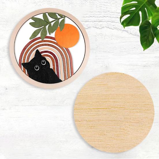 4Pcs Healing Black Cat Wooden Coaster, Creative Heat Insulation Mat, Anti Slip Thickened Desk Protector for Coffee Cup