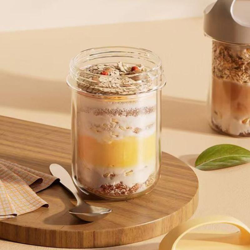 430Ml New Breakfast Cups Oatmeal Cereal Nut Yogurt Salad Cup Leakproof Glass Oats Container With Lid Spoon Food Storage Box