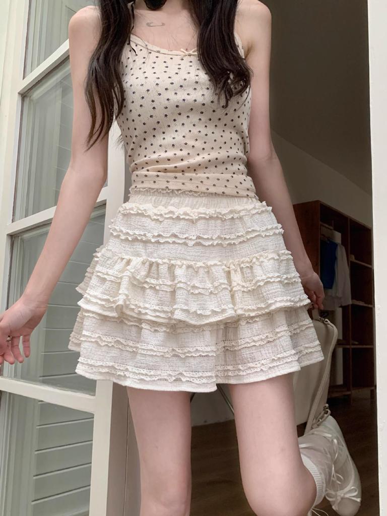Women's White Lace Puffy Mini Skirt - High-Waisted A-Line Ballet Style, Summer 2026 Collection.