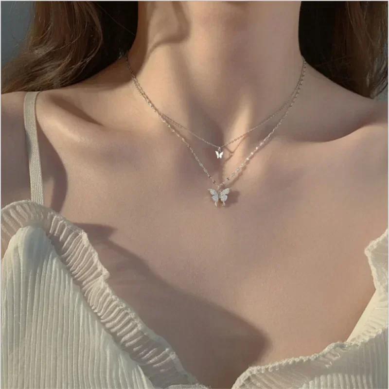New Fashion Silver Color Double Layer Star Moon Necklace for Women Charm Delicate Zircon Stainless Steel Choker Chain Jewelry
