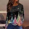 Women's Fashion Casual Slit Hem Round Neck Long Sleeve Loose  Printed T-Shirt Ladies Top