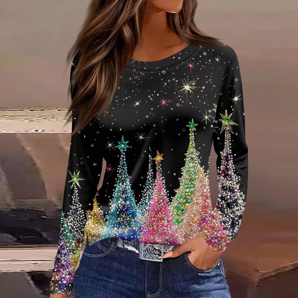 Women's Fashion Casual Slit Hem Round Neck Long Sleeve Loose  Printed T-Shirt Ladies Top