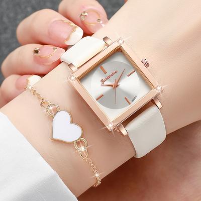 2pcs/set Women Leather Strap Aquare Dial Quartz Watch with Heart-shaped Bracelet