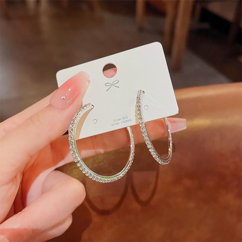 1Pair Fashion Rhinestone Hoop Earrings Big Circle Earrings Simple Exaggerate Earrings Big Circle Loop Earrings For Women Jewelry
