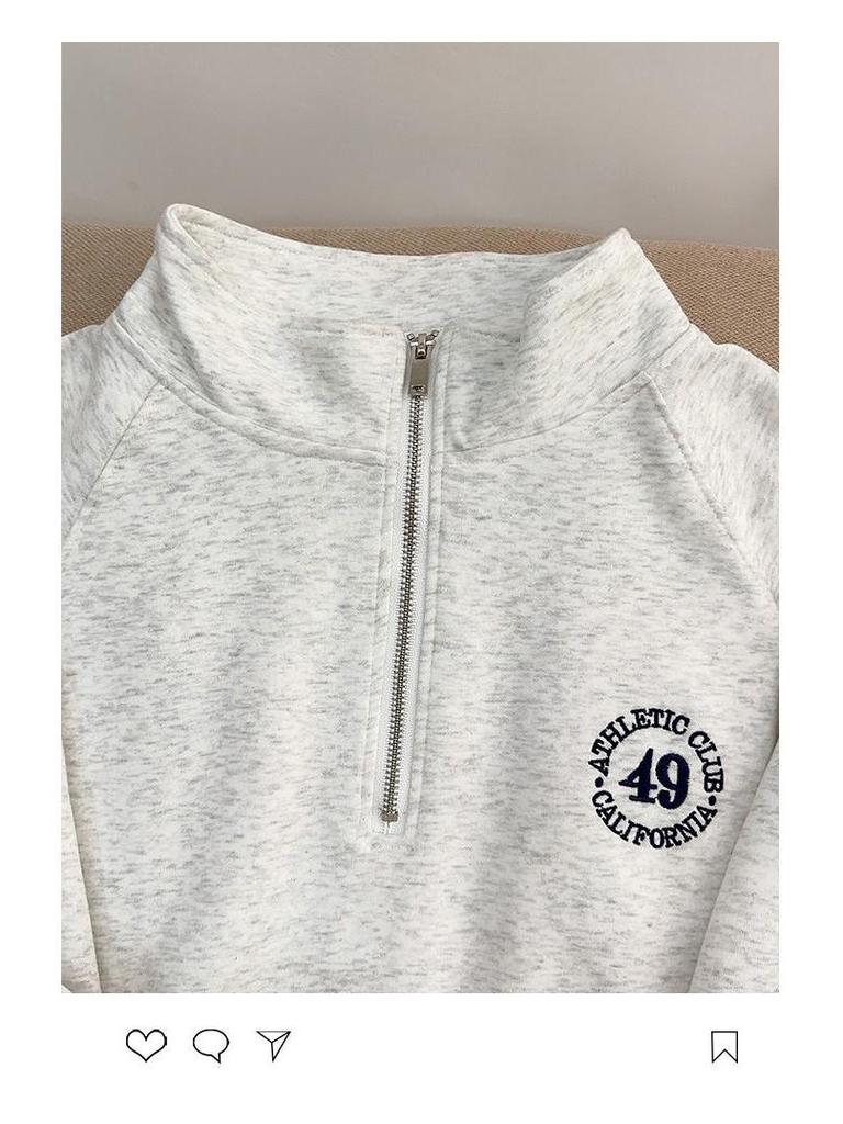 Women's Retro Embroidered Half-Zip Stand Collar Sweater - Autumn/Winter Plus Velvet Long Sleeve Pullover