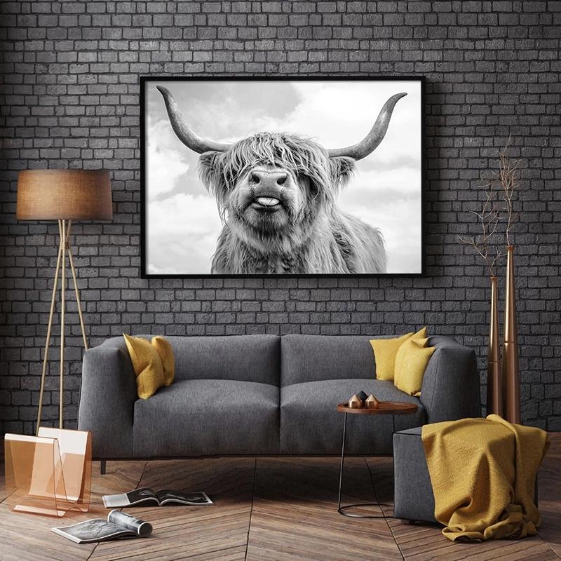 Black and White Highland Cow Cattle Canvas Painting Nordic Posters and Prints Wall Art Pictures for Living Room Home Decoration No Frame