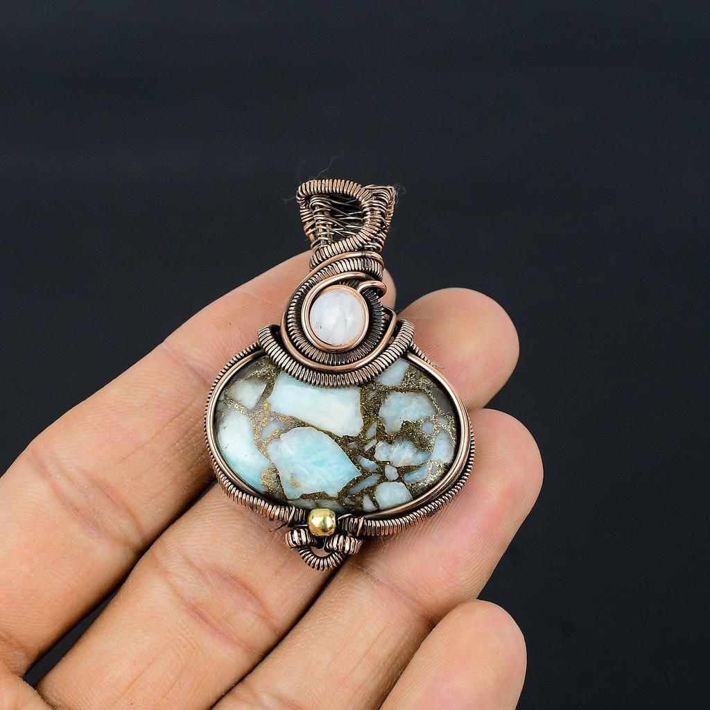Copper Larimar Pendant Gemstone Handmade Jewelry, 999 Copper Wire Wrapped Pendant, Gift For Wife Jewelry