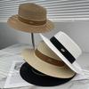Spring and summer new metal small label decorative flat top straw hat men's and women's top hat sunshade holiday beach hat summer hat