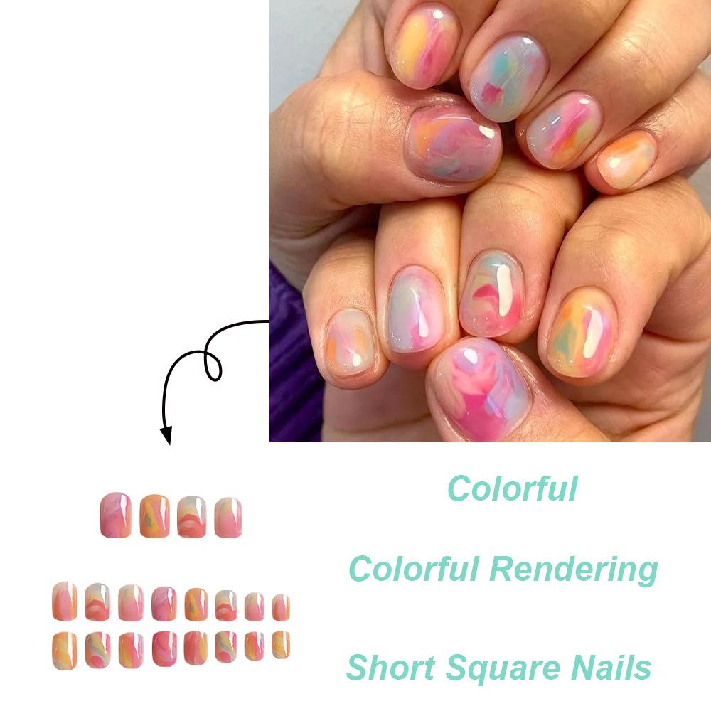 24pcs Press On Nails Colorful Gradient Bright White Fashionable Nails Short Square Nails Removable Fake Nails