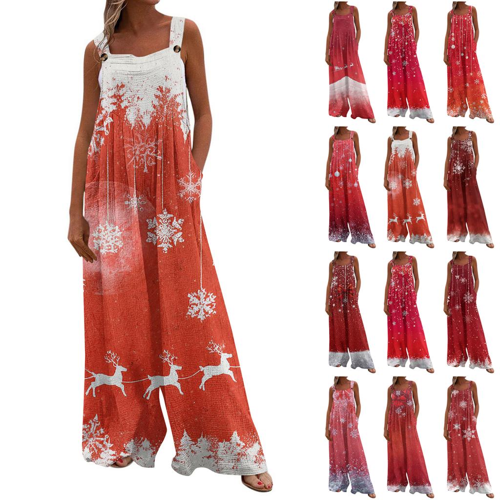 Women's Christmas Print Solid Wide Leg Strapless Tank Pocket Casual Onesie