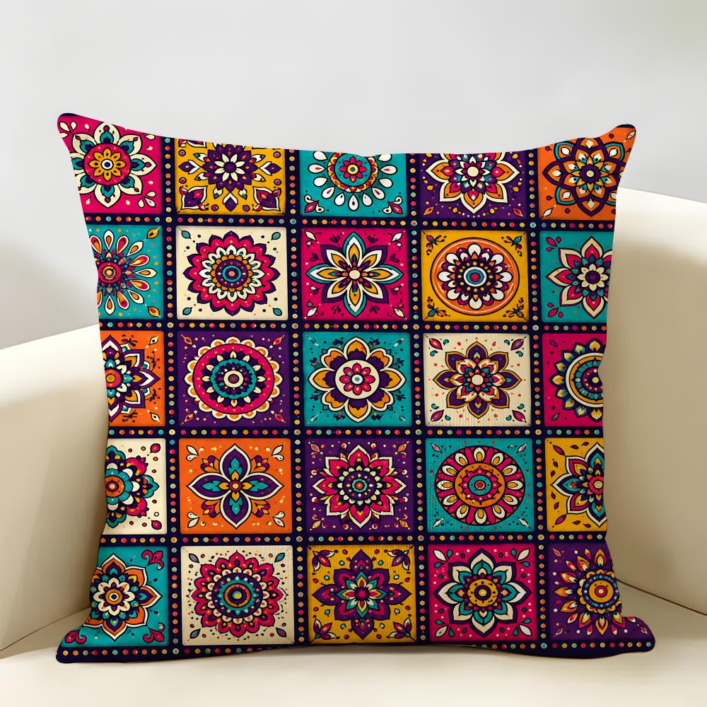 Vintage Bohemian Floral Grid Cushion Cover Natural Linen Organic Fabric DoubleSided Printing Room Sofa Decor Pillow Case
