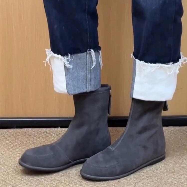 Korean Version of Niche Minimalist Suede Round Head Rear Zipper Flat Bottom Thin Boots Women's Autumn and Winter Versatile Martin Boots Short Boots