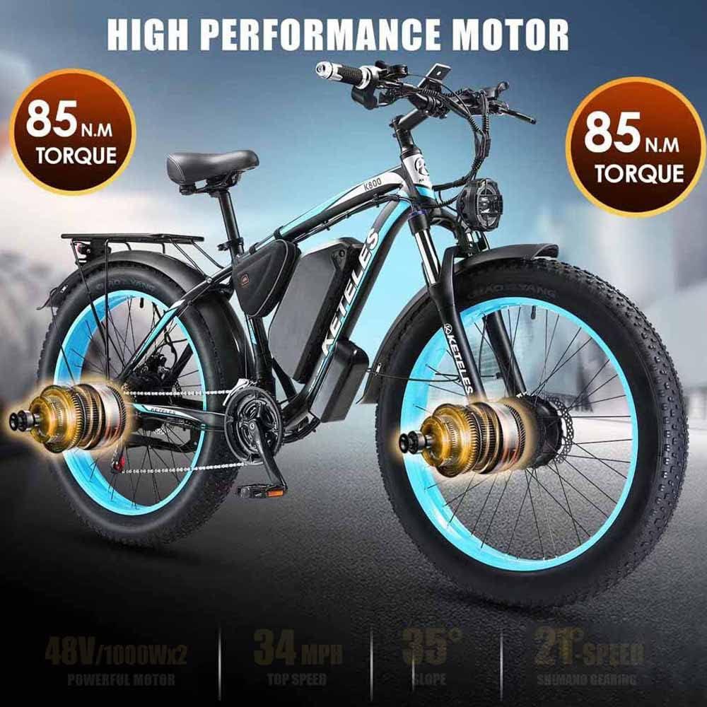 Electric Bicycle KETELES K800 1000Wx2 Dual Motor Electric Mountain Bike Top Speed 55Km/h 48V 23AH Max Range 100Km Load 150Kg 4 Colors