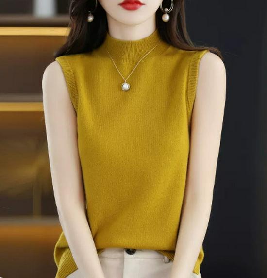 Women's Cashmere Sleeveless Pullover Sweater - Autumn 23 Collection, Solid Color, Half-High Neck, Straight Fit, Pure Wool Base Layer.