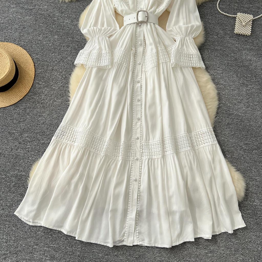 Vestido Chic de Encaje Slim con Cuello Mao de Manga Larga Empalmado de Botonadura Sencilla High Street Vintage Noche Mujer Ropa Otoño Invierno