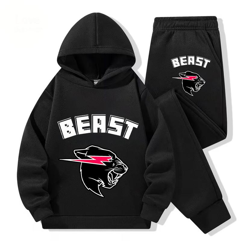 2026Autunno Casual Mr Beast Cartone Animato Bambini Ragazzi Ragazze Stampa Manica Lunga Felpa con Cappuccio in Pile Tuta Pantaloni Lunghi Festival Outdoor Uso Quotidiano