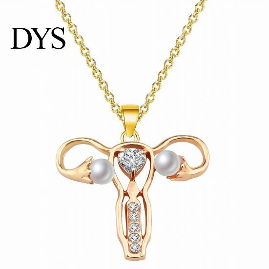 Uterus Pendant Necklace Gynecologist Necklace, Feminist Medical Symbol Obstetrician Statement Dainty Faux Pearl Jewelry with Rhinestones for